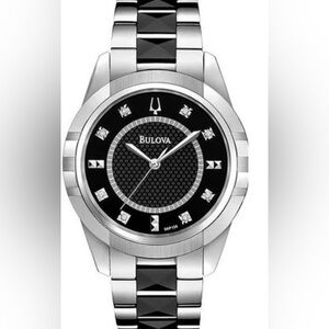 Bulova Black Dial Silver Watch with Diamond Markers Womens Watch